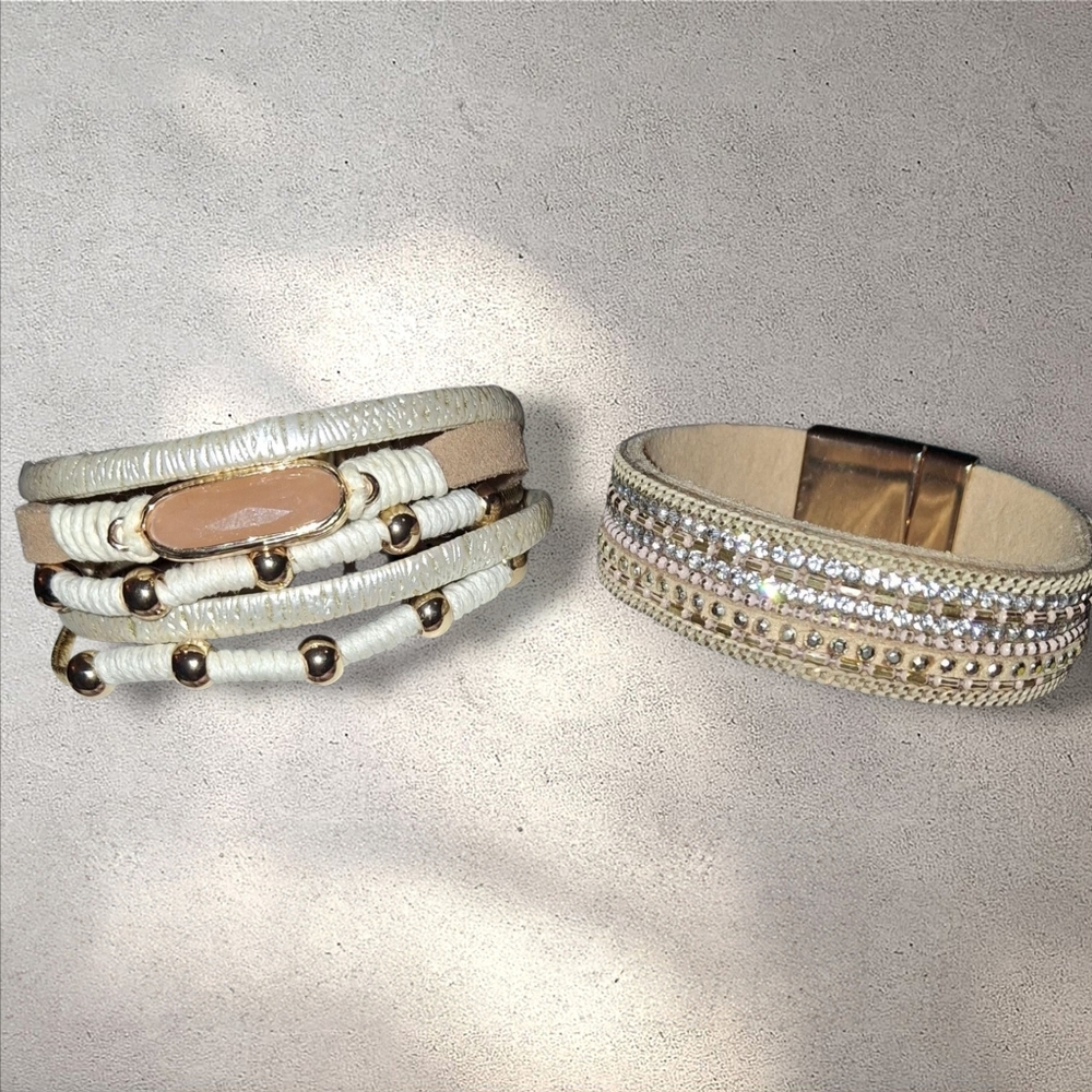 Pair Boho Leather Wrap Magnetic Bracelets In Tan, Cream And Gold EUC - Picture 2 of 12